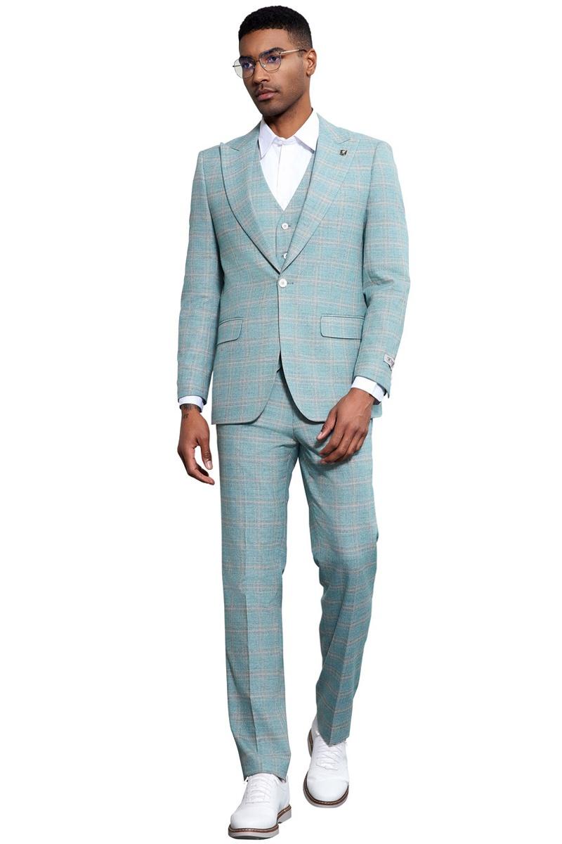Men's Stacy Adams Vested Peak Lapel Light Turquoise Green Plaid Prom & Wedding Suit - 38 Regular