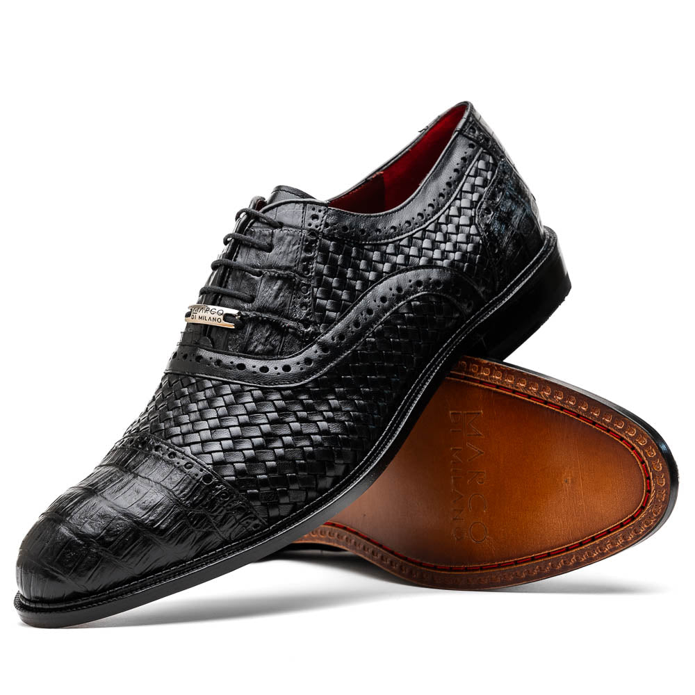 Marco Di Milano John Black Shoes Exotic Caiman Crocodile / Woven Leather Dress Oxfords - 8.5