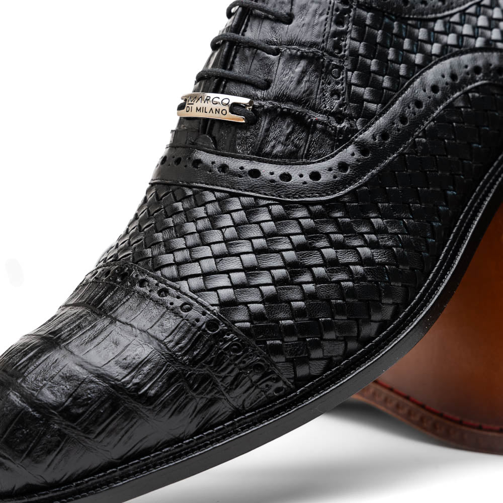 Marco Di Milano John Black Shoes Exotic Caiman Crocodile / Woven Leather Dress Oxfords - 8.5