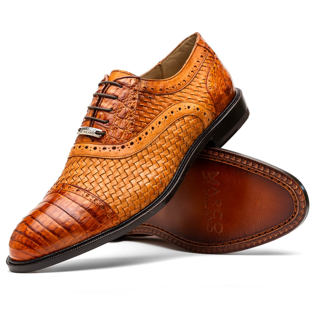 Marco Di Milano John Brandy Shoes Exotic Caiman Crocodile / Woven Leather  Dress Oxfords