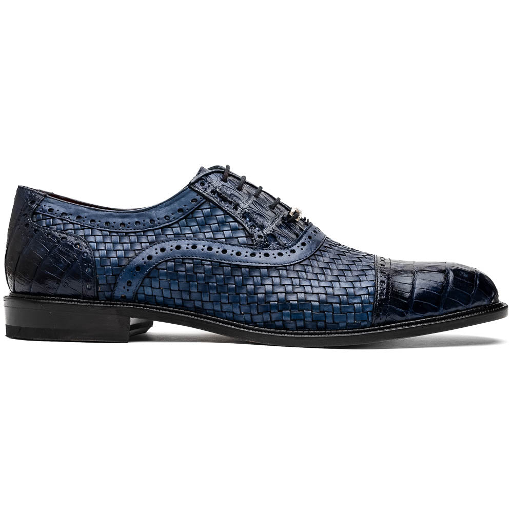 Marco Di Milano John Navy Shoes Exotic Caiman Crocodile / Woven Leather Dress Oxfords - 8