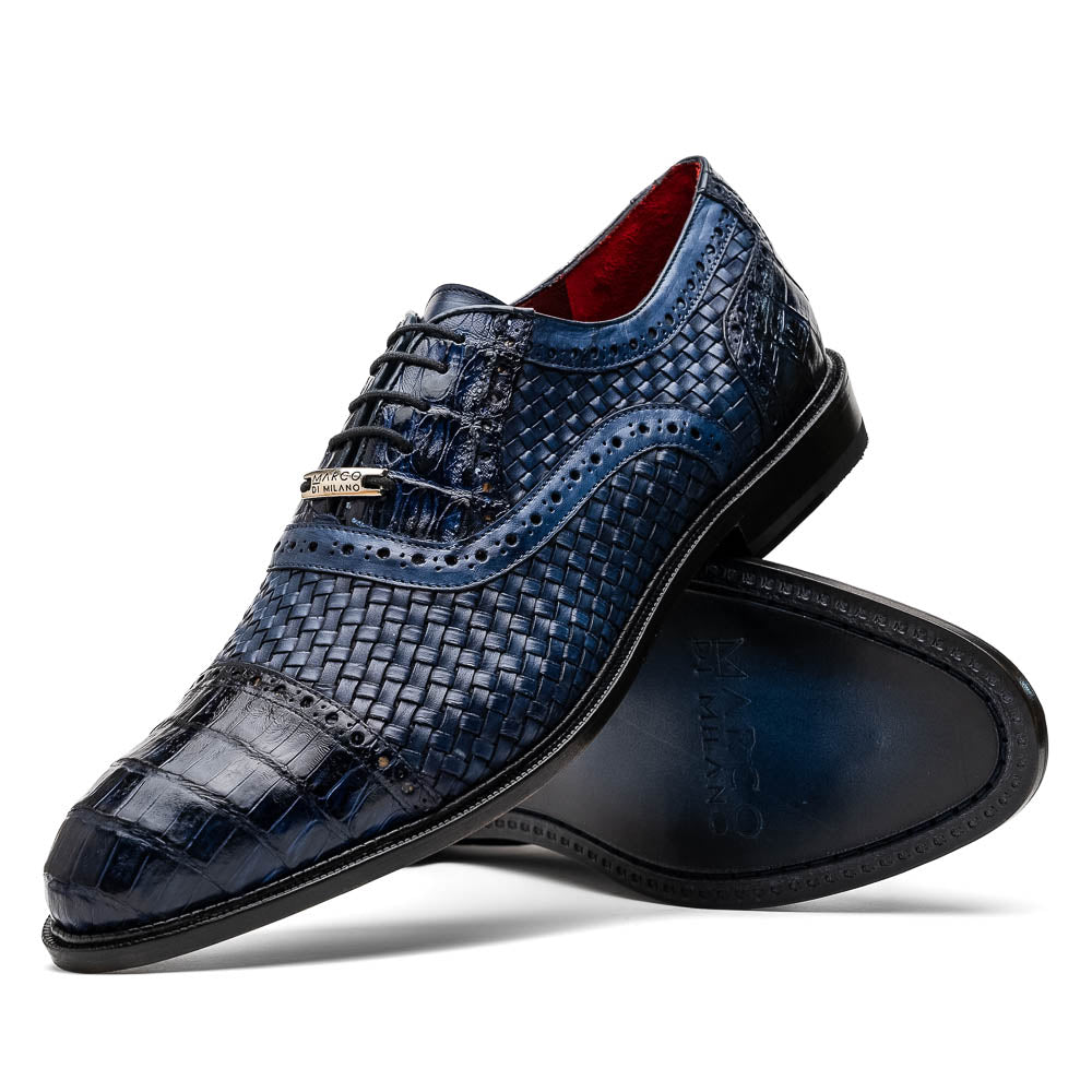 Marco Di Milano John Navy Shoes Exotic Caiman Crocodile / Woven Leather Dress Oxfords - 8