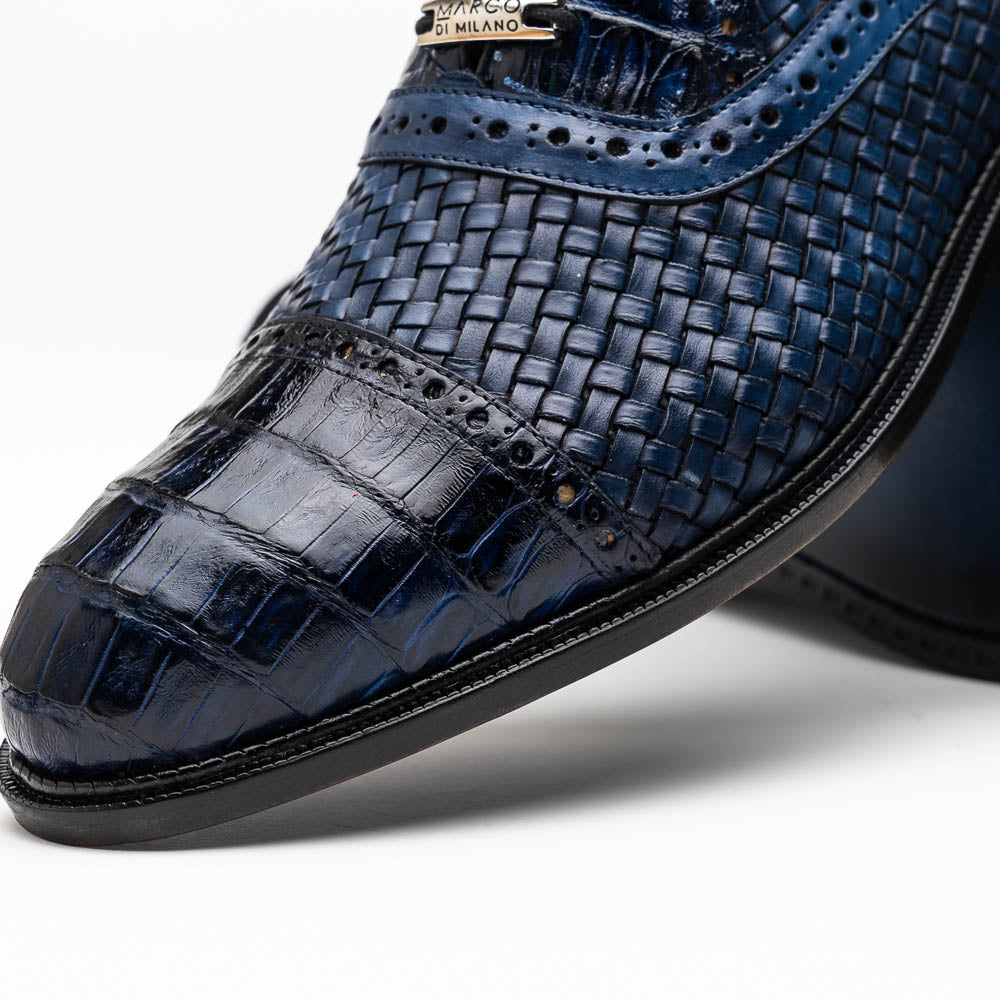 Marco Di Milano John Navy Shoes Exotic Caiman Crocodile / Woven Leather Dress Oxfords - 8