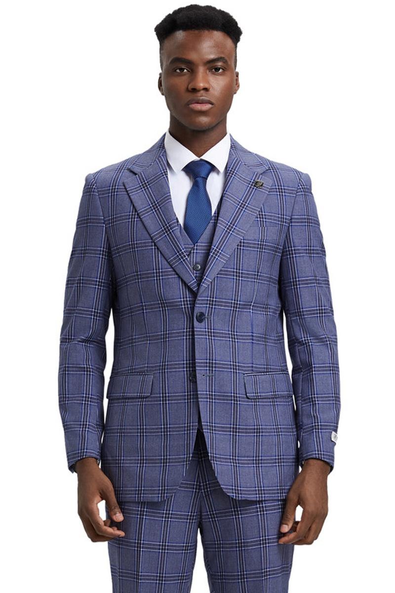 Men's Stacy Adams Two Button Vested Glen Plaid Check Suit in Light Purple Lavender - 38 Regular