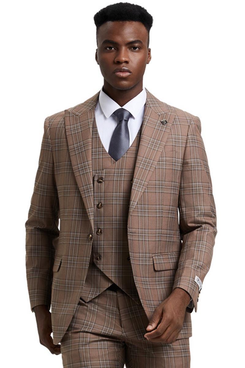 Men's Stacy Adams One Button Peak Lapel Double Breasted Vest Suit in Light Brown Plaid - 38 Regular