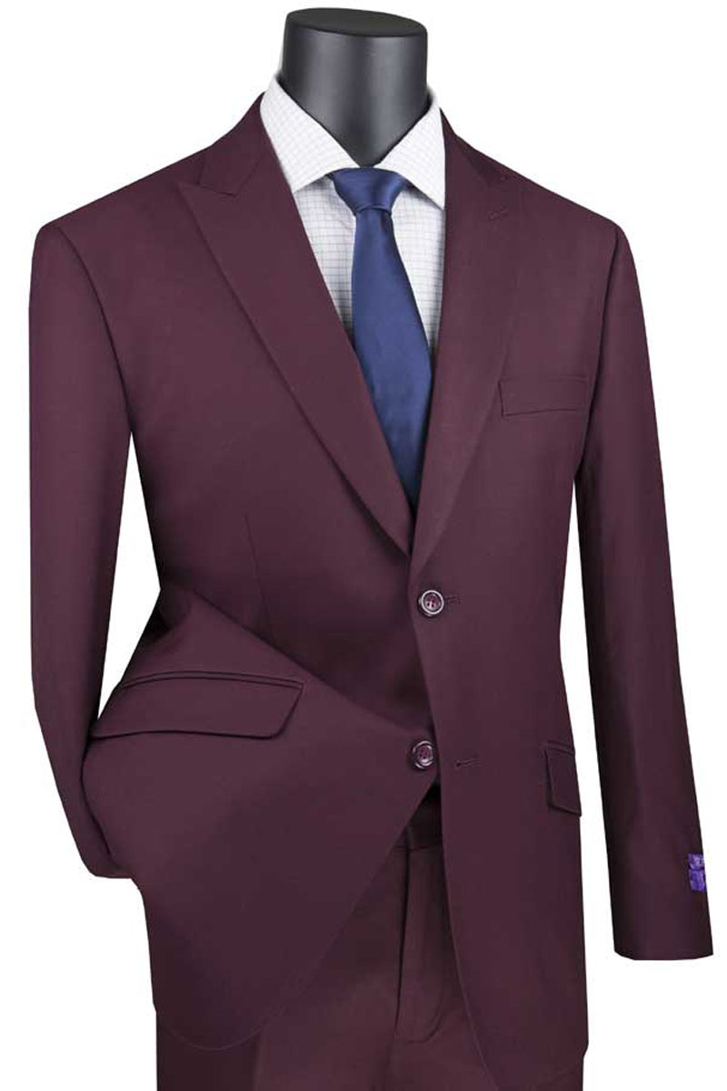 Mens 2 Button Modern Fit Peak Lapel Suit in Burgundy - 36 Short