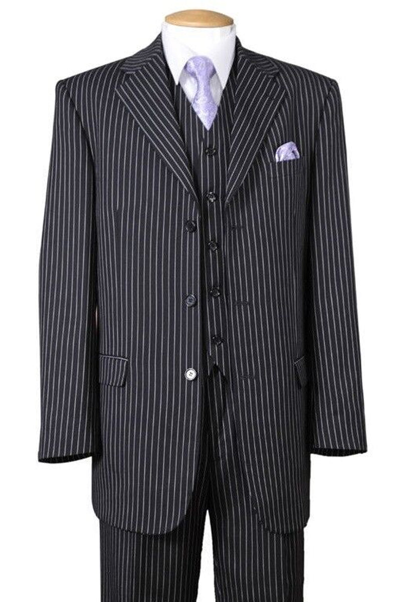 "1920's Gangster Pinstripe Vested Suit - Men's 3 Button Bold in Black"