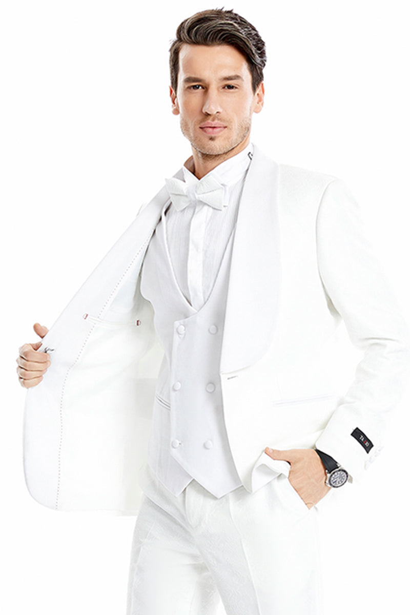 "Paisley Lace Men's Wedding Tuxedo - One Button, Wide Shawl Lapel, White"