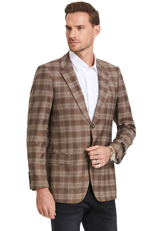 Glen Plaid Sport Coat - Men's Slim Fit Business Casual, Light Brown