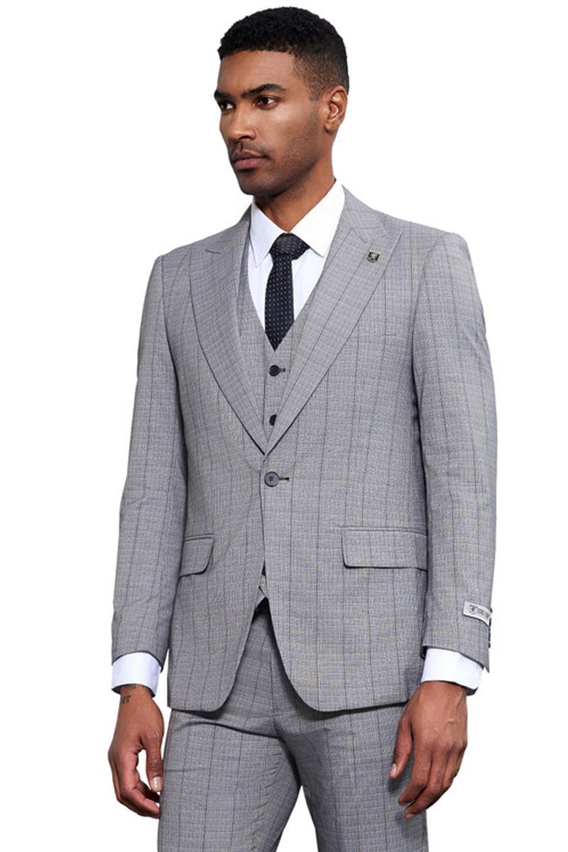 Men's Stacy Adams Modern Fit Vested Tonal Windowpane Plaid Suit in Light Grey - 38 Regular
