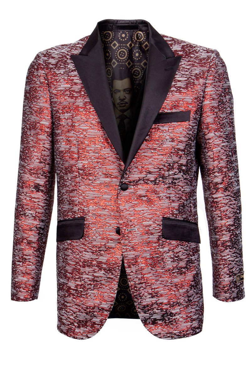 "Men's Tuxedo Jacket - Shiny Satin Texture in Red & Black"
