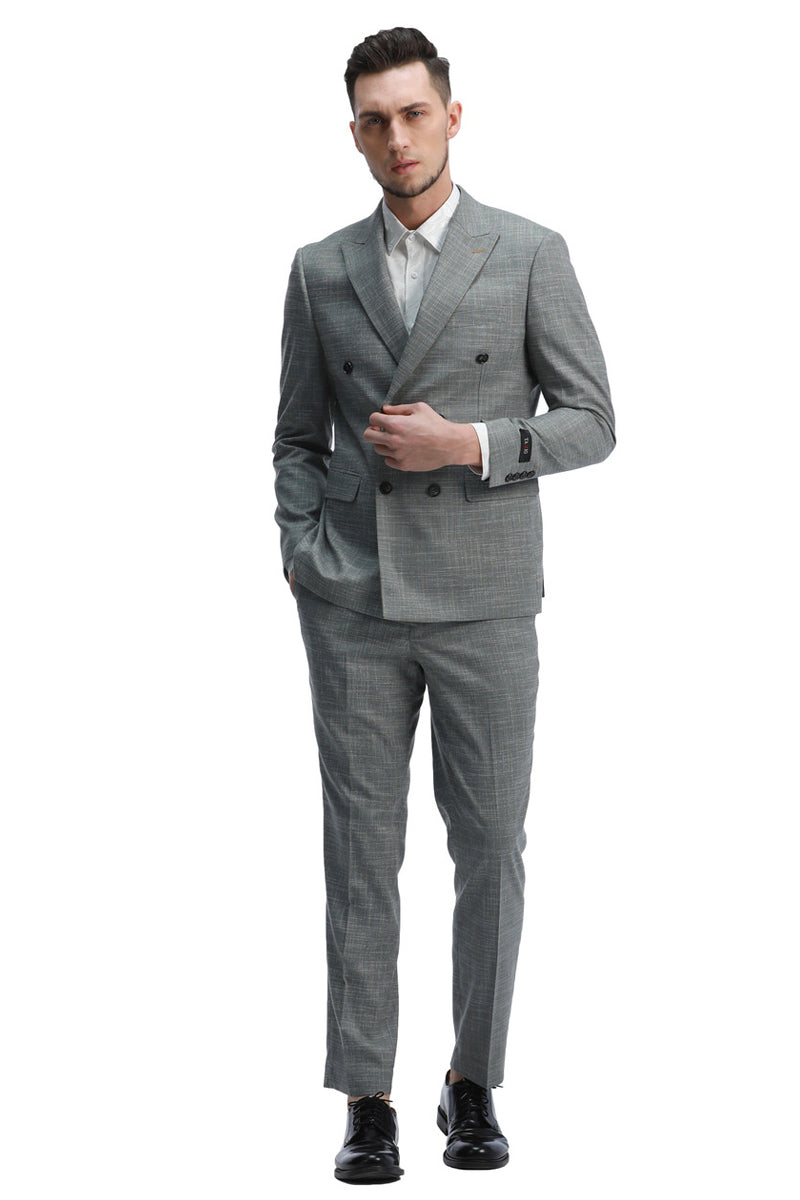 "Mint Green Men's Slim Fit Double Breasted Sharkskin Summer Suit" - 34 Short