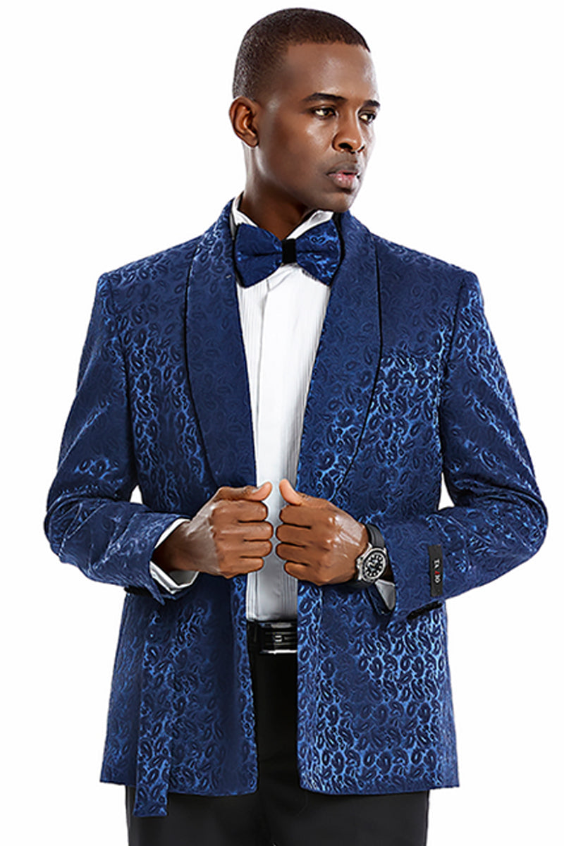 Navy Blue Paisley Men's Slim Fit Double Breasted Tuxedo Smoking Jacket for Prom 2026 & Wedding - 36 Regular