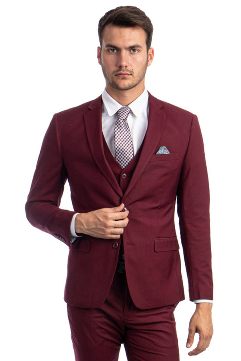 "Burgundy Men's Slim Fit Two Button Vested Suit - Solid Basic Color"
