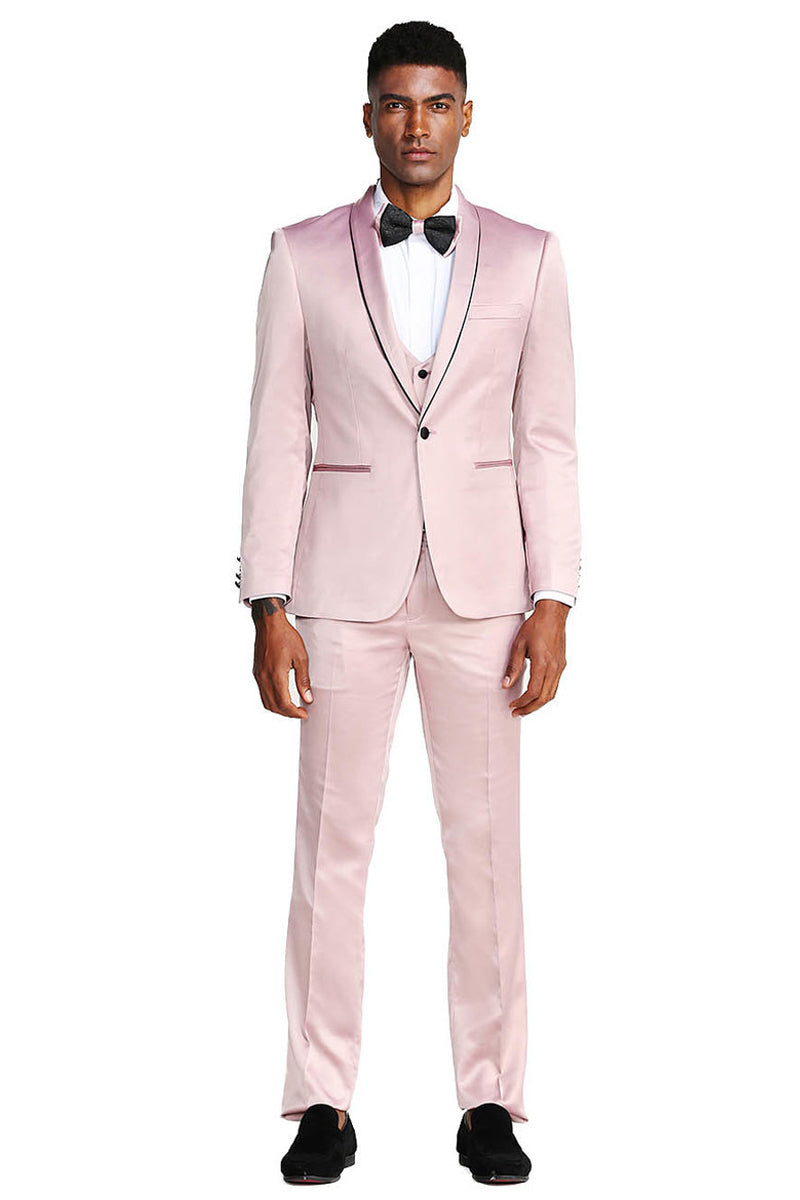 Rose Pink Men's Slim Fit Satin Tuxedo Suit - Vested Prom & Wedding Wear