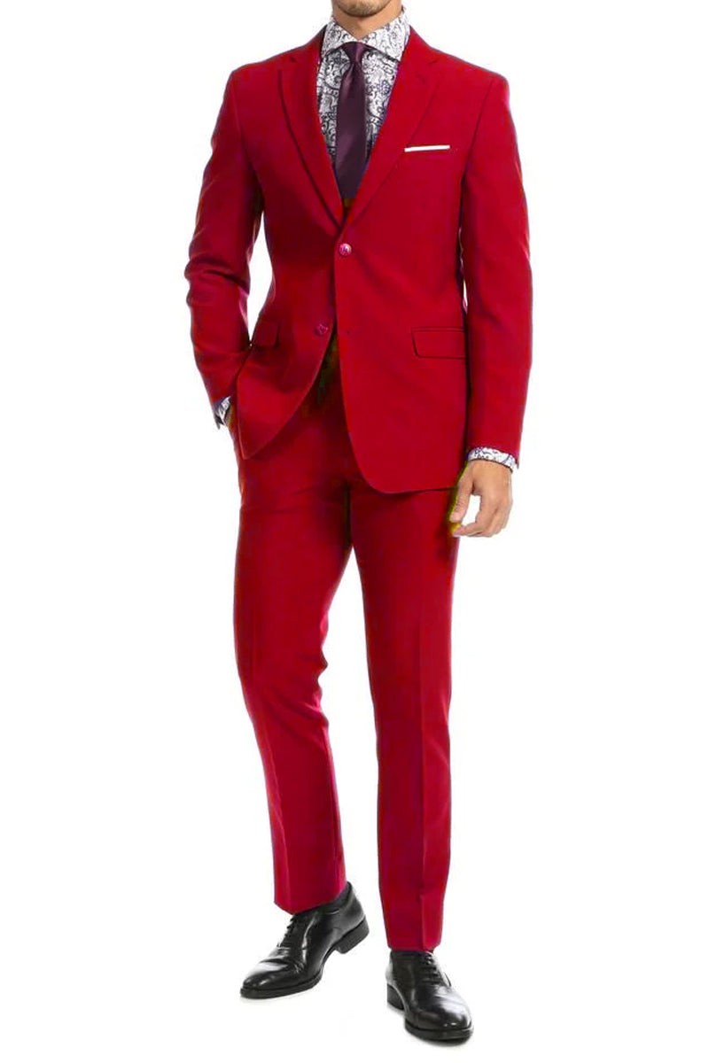 "Red Modern Fit Two-Button Men's Suit - Basic Style"