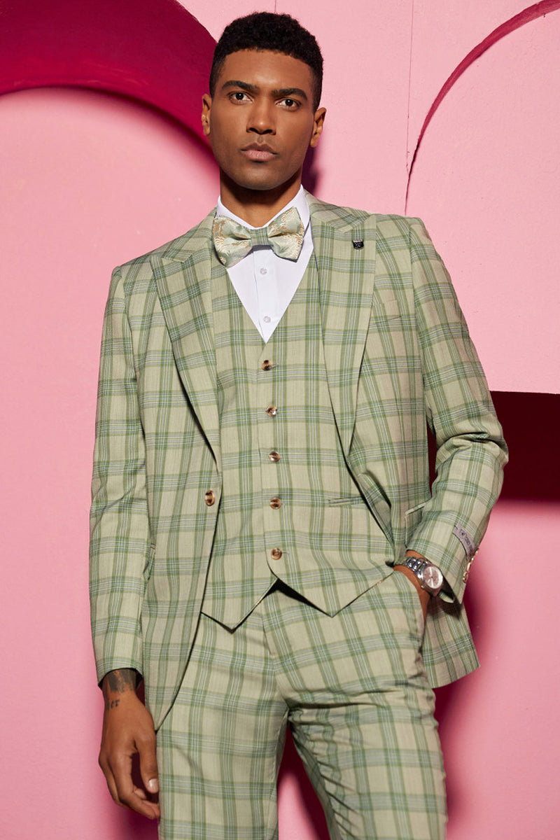 "Mens Stacy Adams Suit - Stacy Adams Men's Plaid Suit with Paisley Vest & Bow Tie - Sage Green" - 34 Short