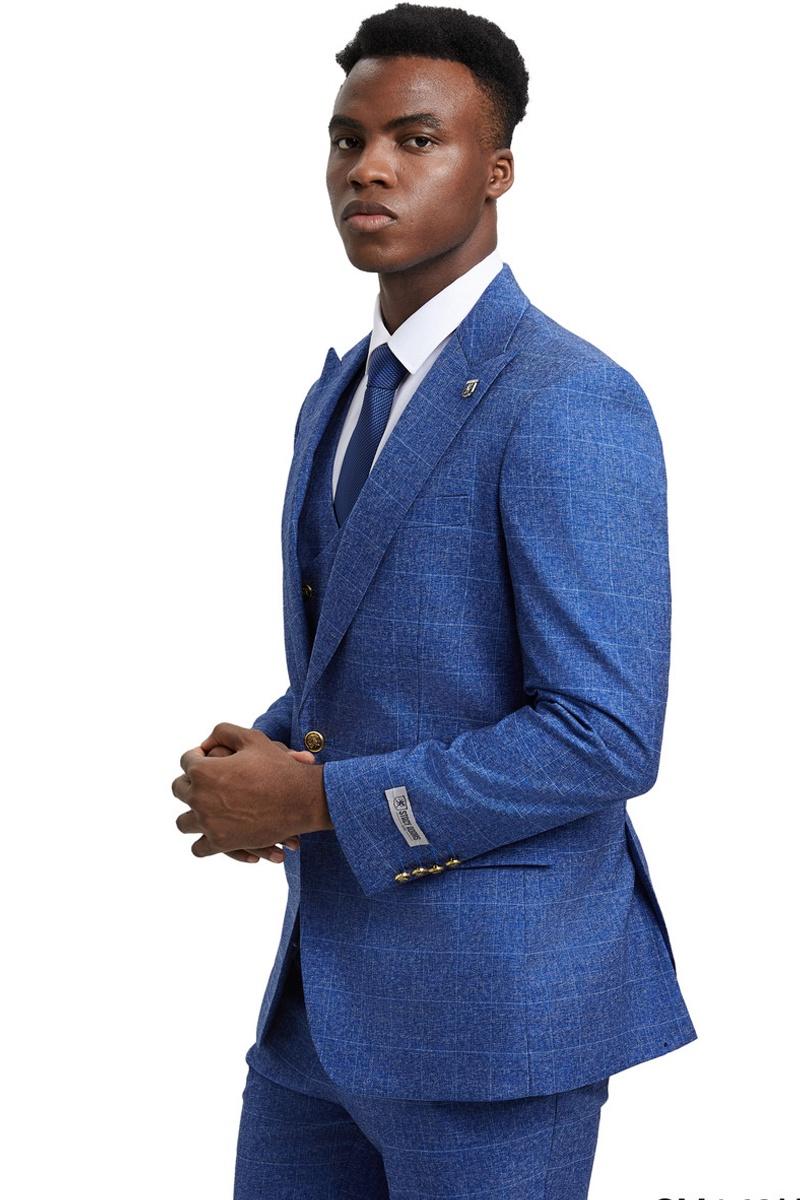 Men's Stacy Adams Peak Lapel Suit with Double Breasted Vest in Blue Windowpane Plaid - 38 Regular