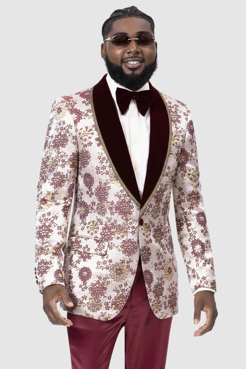"Burgundy & Gold Vintage Style Prom Tuxedo Dinner Jacket for Men"