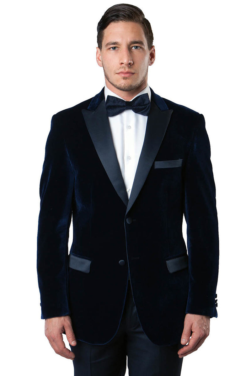 Navy Blue Velvet Tuxedo Dinner Jacket for Men - Two Button Style