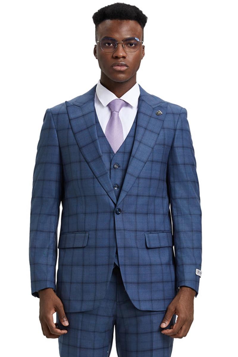 Men's Stacy Adams One Button Vested Suit in Midnight Blue Windowpane Plaid - 38 Regular
