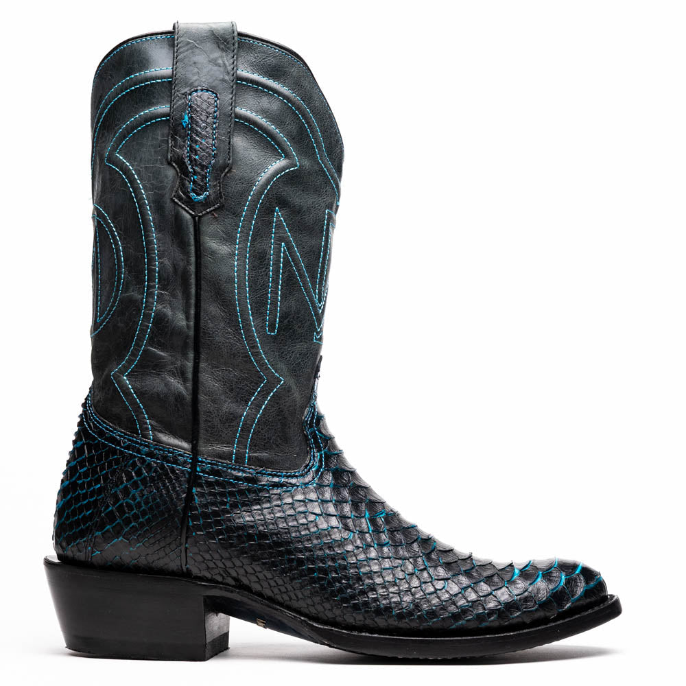 Marco Di Milano Kansas Black / Blue Python Round Toe Cowboy Boots - 7