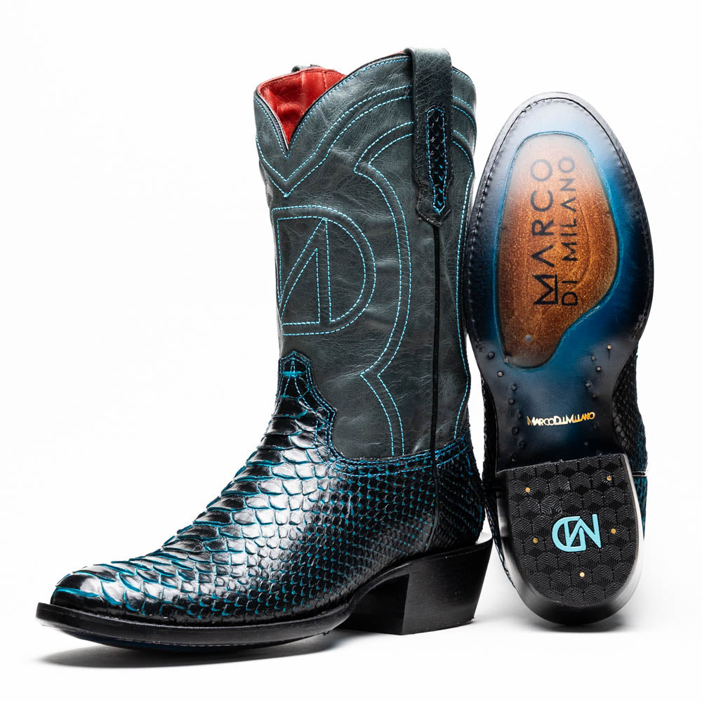Marco Di Milano Kansas Black / Blue Python Round Toe Cowboy Boots - 7