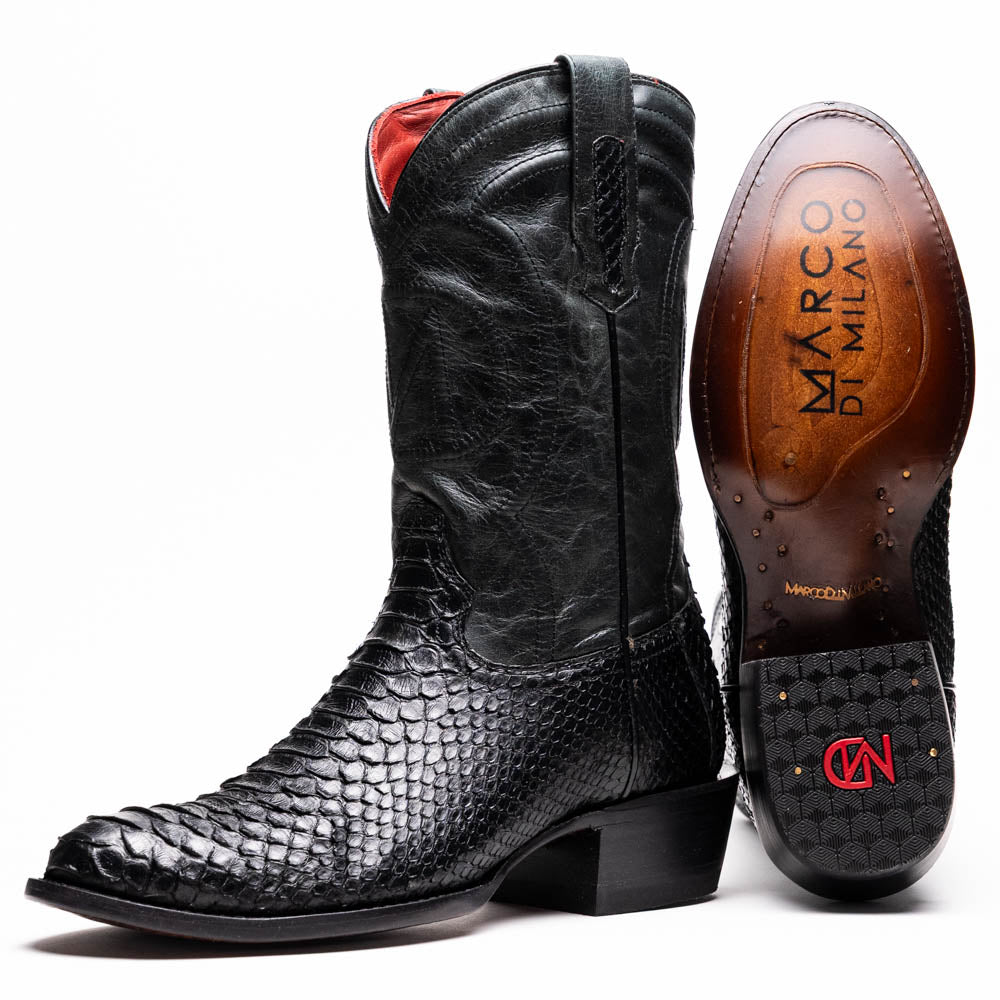 Marco Di Milano Kansas Black Python Round Toe Cowboy Boots - 7