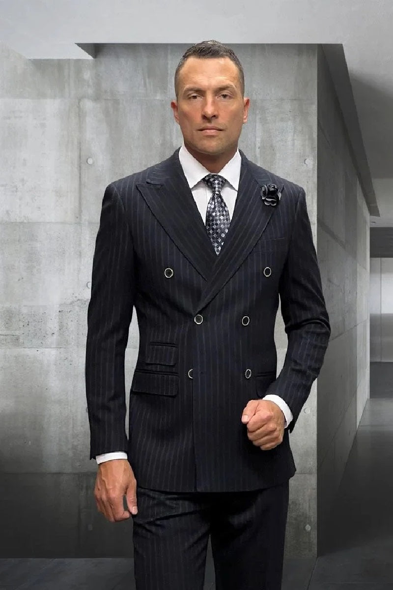 Statement Suit - Statement Italy Suit - Wool Suit - Statement Men's 2 Piece 100% Wool Fashion Suit - Pinstripe - 38 Short Jacket+32 Waist Adjustable 28to34)(Height: 5 4 to5 7 )(Neck  15-16.5)S-M)