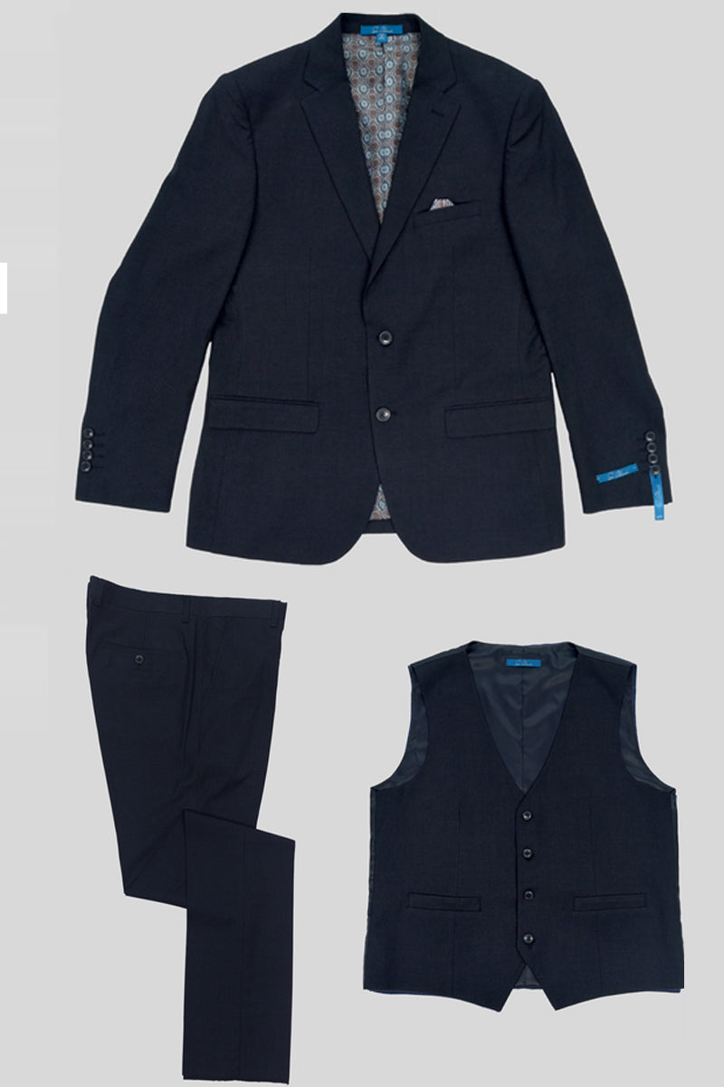 Navy Blue Men's Slim Fit Windowpane Business Suit with Vest - 34 Short