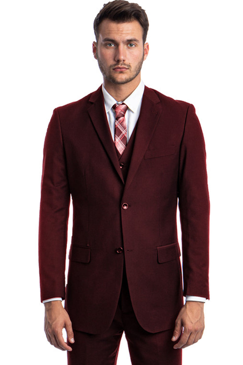 "Burgundy Men's Two Button Wedding & Business Suit with Vest" - 34 Short