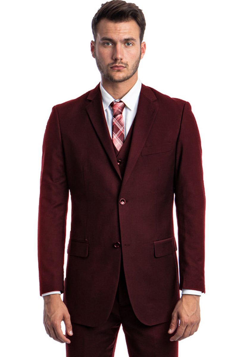 "Burgundy Men's Two Button Wedding & Business Suit with Vest"