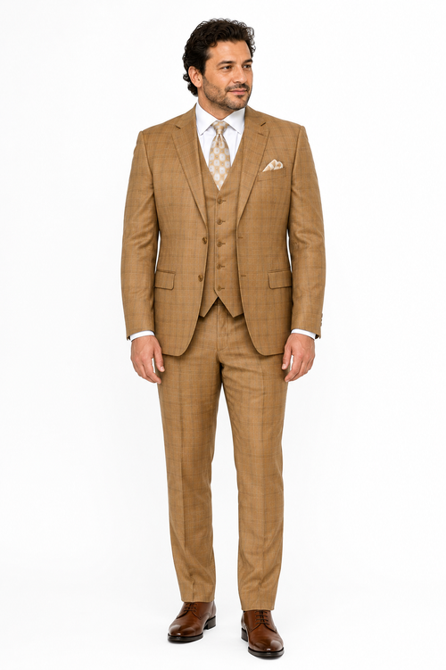 Khaki Camel Color - MENS MODERN FIT PLAID WINDOWPANE TAN SUIT WITH DOUBLE BREASTED  VEST- Tan Bronze Patterned Suit