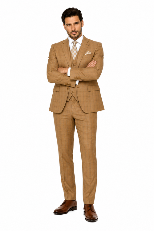 Khaki Camel Color - MENS MODERN FIT PLAID WINDOWPANE TAN SUIT WITH DOUBLE BREASTED  VEST- Tan Bronze Patterned Suit