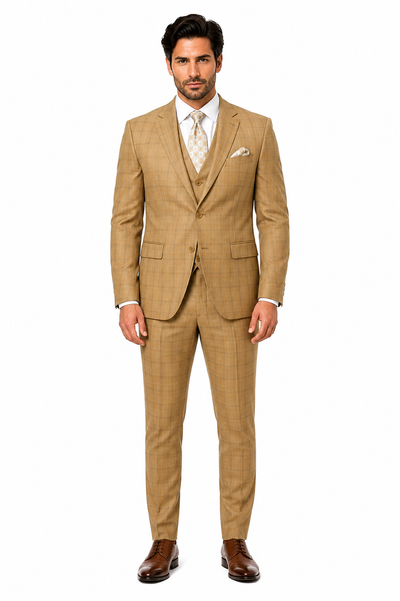 Khaki Camel Color - MENS MODERN FIT PLAID WINDOWPANE TAN SUIT WITH DOUBLE BREASTED  VEST- Tan Bronze Patterned Suit