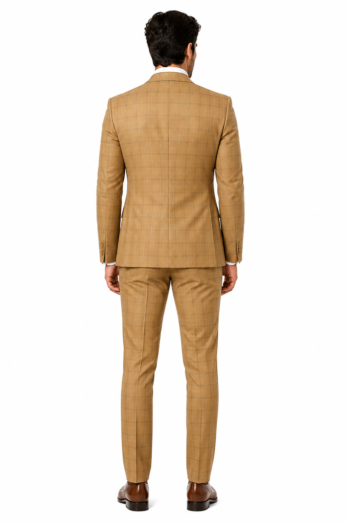 Khaki Camel Color - MENS MODERN FIT PLAID WINDOWPANE TAN SUIT WITH DOUBLE BREASTED  VEST- Tan Bronze Patterned Suit