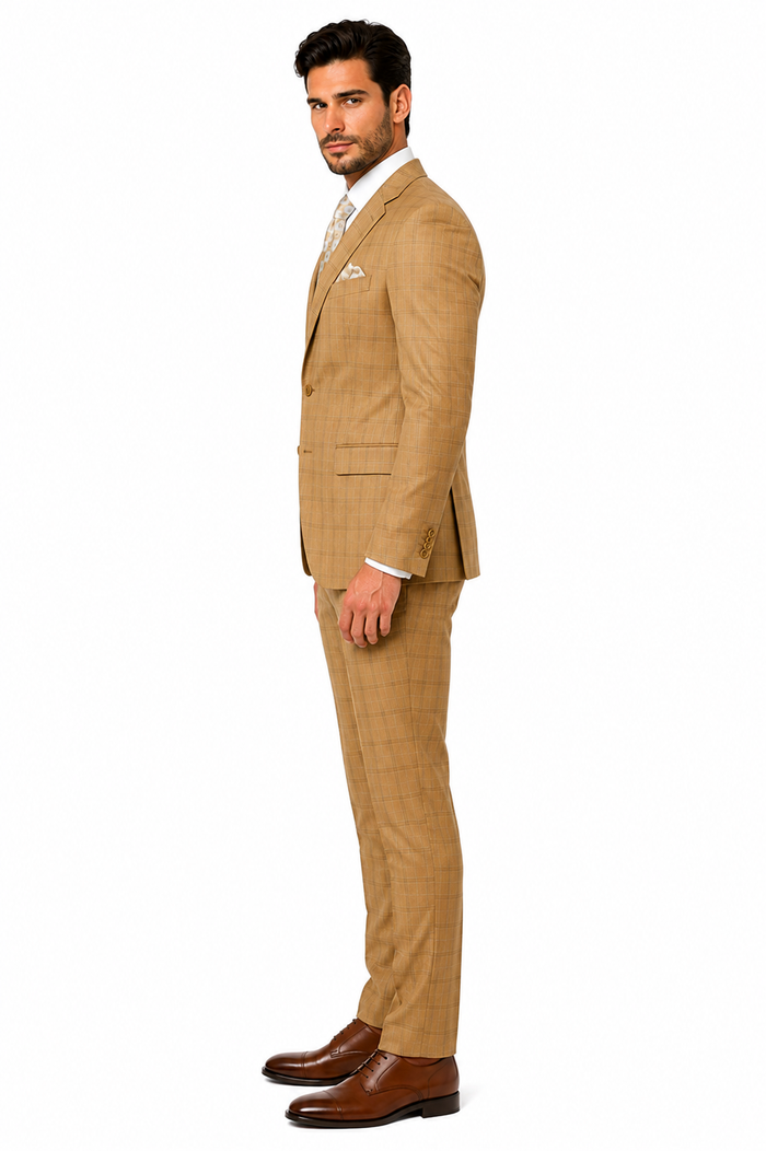 Khaki Camel Color - MENS MODERN FIT PLAID WINDOWPANE TAN SUIT WITH DOUBLE BREASTED  VEST- Tan Bronze Patterned Suit