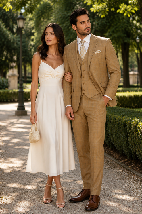 Khaki Camel Color - MENS MODERN FIT PLAID WINDOWPANE TAN SUIT WITH DOUBLE BREASTED  VEST- Tan Bronze Patterned Suit