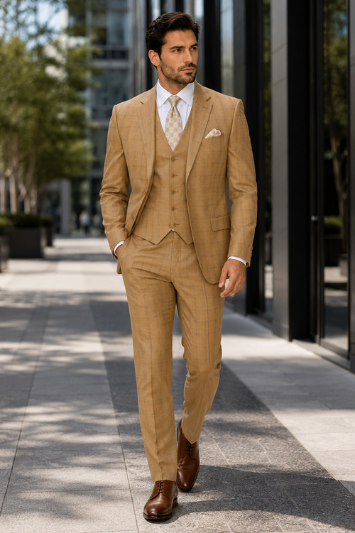 Khaki Camel Color - MENS MODERN FIT PLAID WINDOWPANE TAN SUIT WITH DOUBLE BREASTED  VEST- Tan Bronze Patterned Suit
