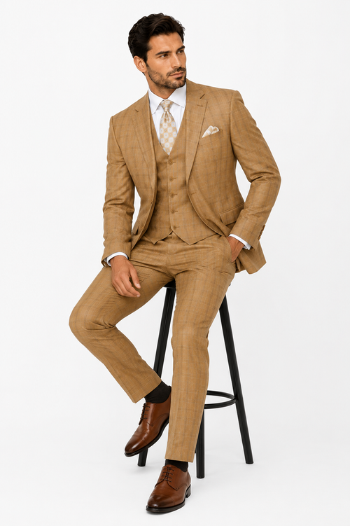 Khaki Camel Color - MENS MODERN FIT PLAID WINDOWPANE TAN SUIT WITH DOUBLE BREASTED  VEST- Tan Bronze Patterned Suit