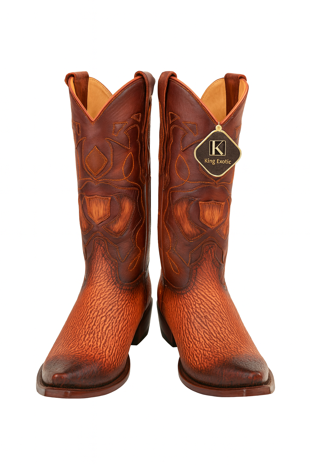 Men's King Exotic Snip Toe Sharkskin Boots Handcrafted Burnished Cognac (494RD0903) - 6 E