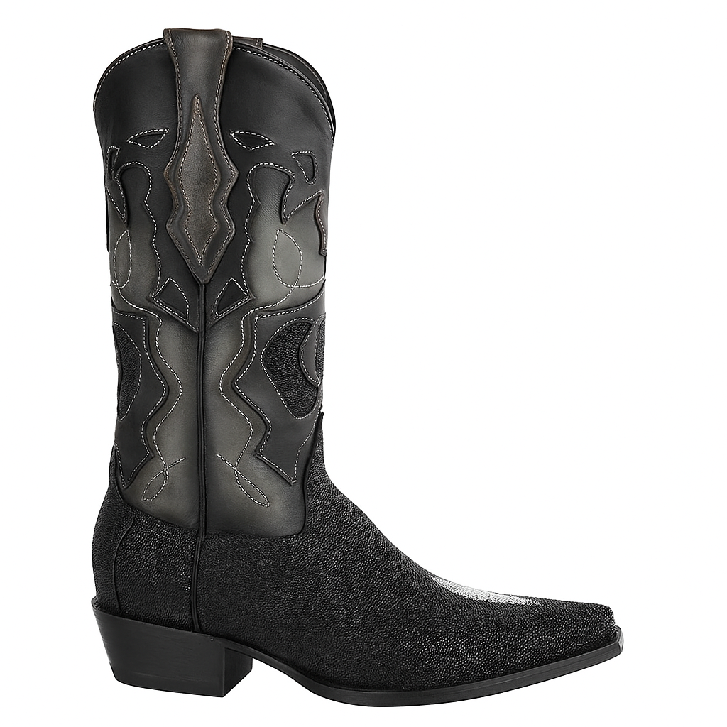 Men's King Exotic Snip Toe Stingray Boots Single Stone Handmade Black (494R1205) - 6 E