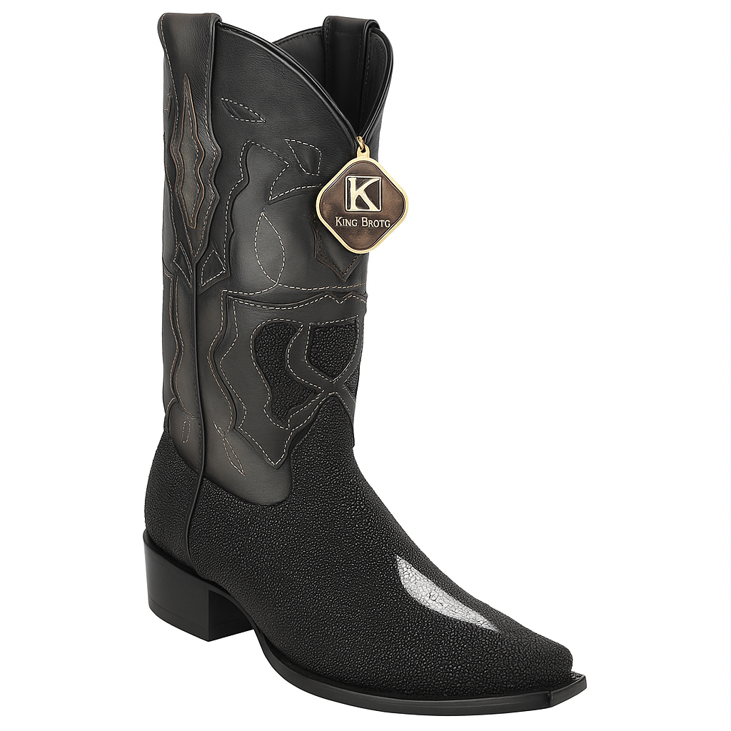Men's King Exotic Snip Toe Stingray Boots Single Stone Handmade Black (494R1205) - 6 E