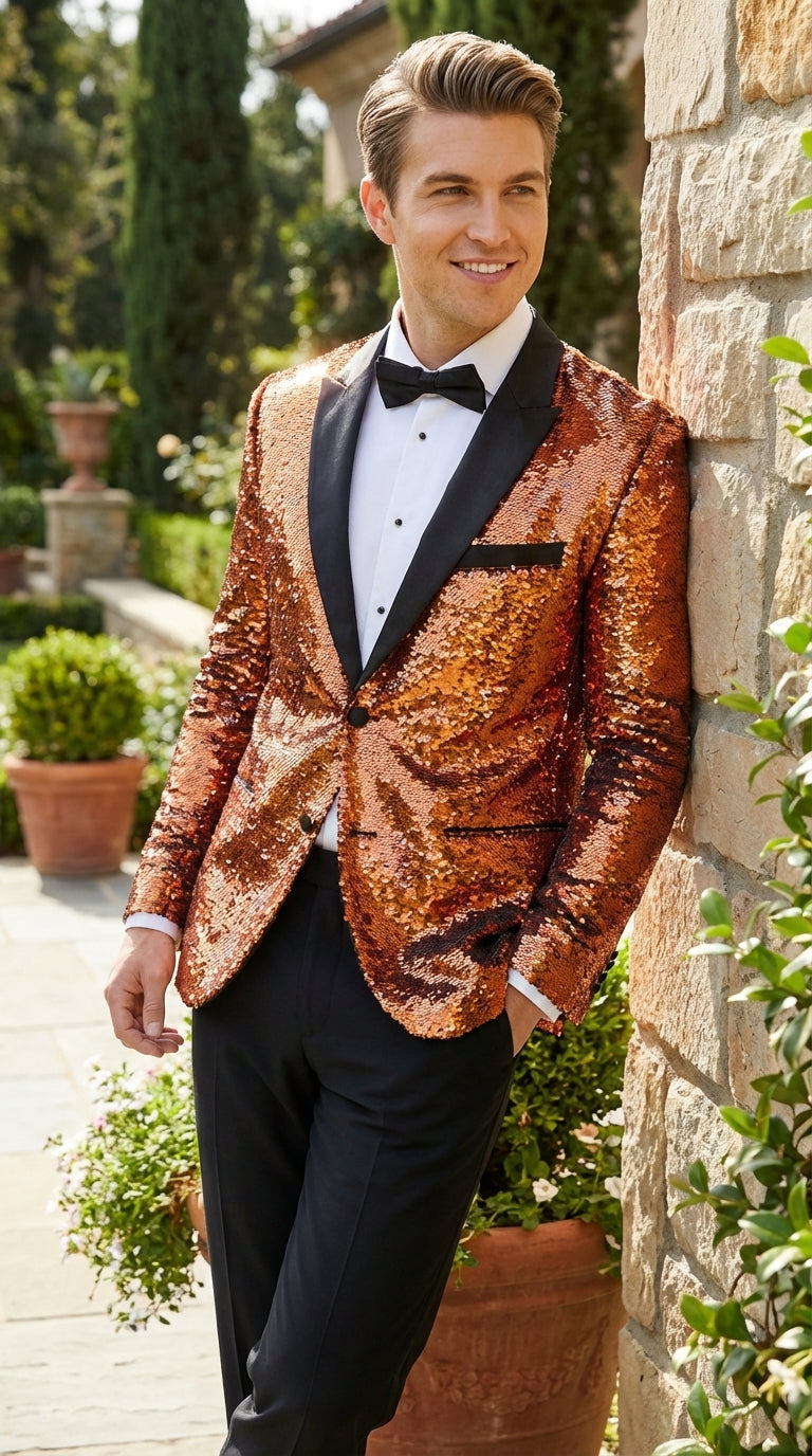 Mens Orange Sequin Blazer Tuxedo Dinner Jacket – Shiny Party Dinner Jacket with Black Lapel for Wedding, Prom, Stage Kingsman Jacket - 34 Short or Extra Small