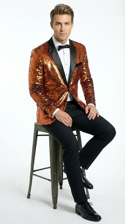 Mens Orange Sequin Blazer Tuxedo Dinner Jacket – Shiny Party Dinner Jacket with Black Lapel for Wedding, Prom, Stage Kingsman Jacket