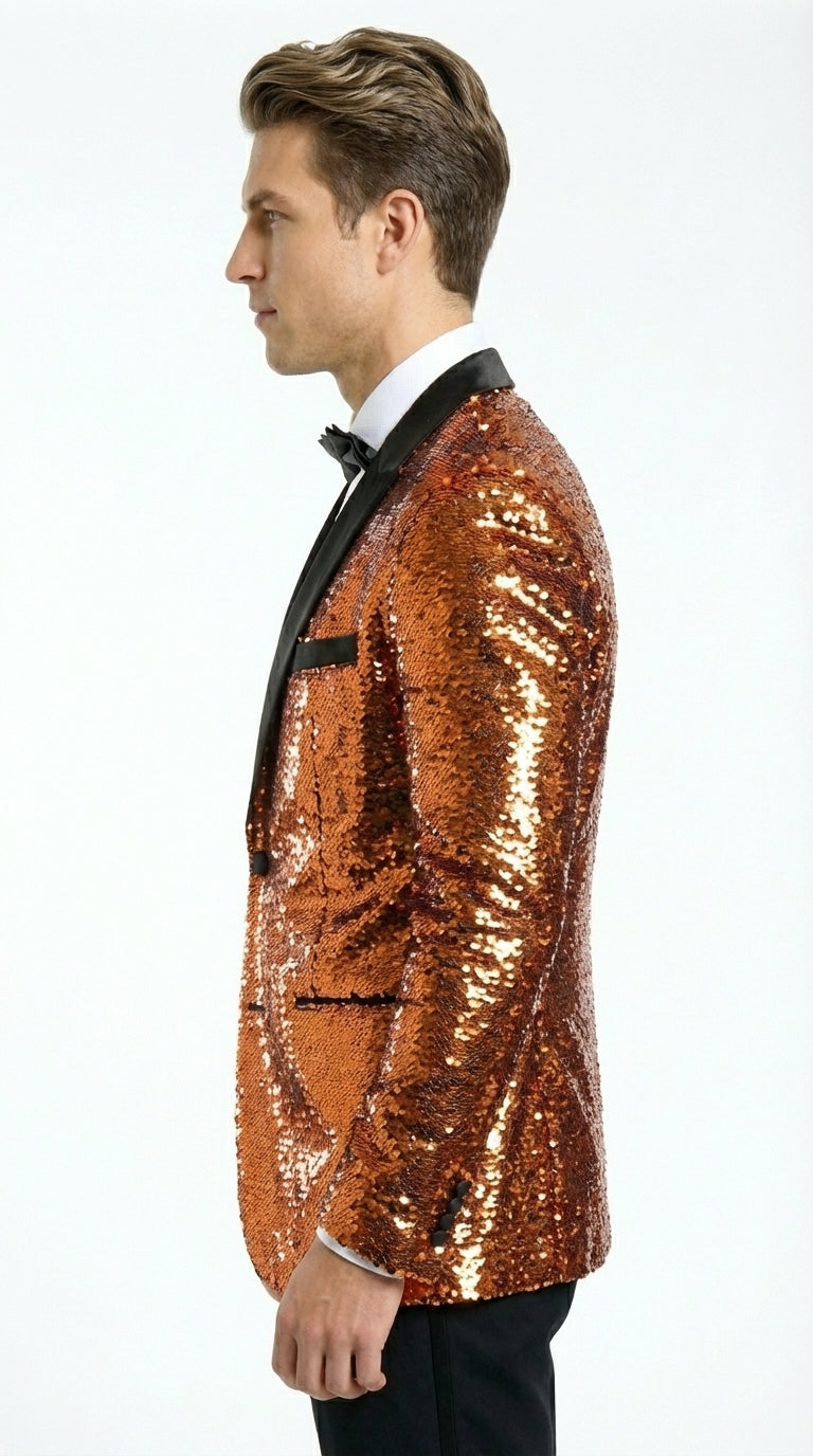 Mens Orange Sequin Blazer Tuxedo Dinner Jacket – Shiny Party Dinner Jacket with Black Lapel for Wedding, Prom, Stage Kingsman Jacket - 34 Short or Extra Small