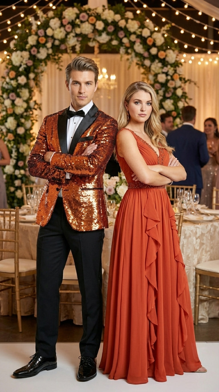 Mens Orange Sequin Blazer Tuxedo Dinner Jacket – Shiny Party Dinner Jacket with Black Lapel for Wedding, Prom, Stage Kingsman Jacket - 34 Short or Extra Small