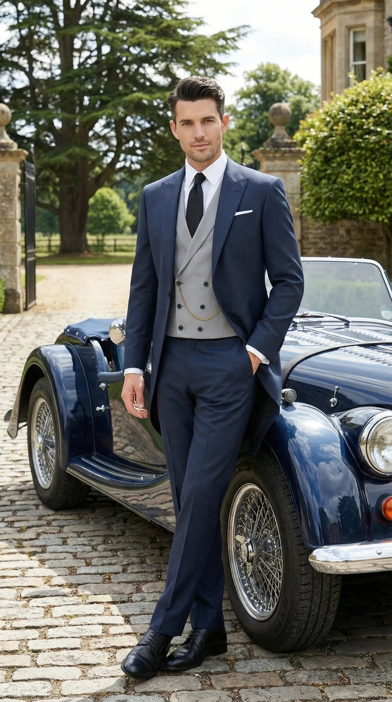 Men’s Navy Blue Three Piece Formal Suit – Cutaway Tuxedo Blazer Trousers for Wedding Tailcoat - 34 Short or Extra Small