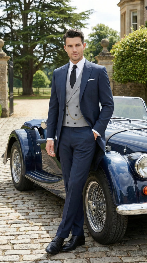 Mens Navy Blue Three Piece Formal Suit Cutaway Tuxedo Blazer Trousers for Wedding Tailcoat