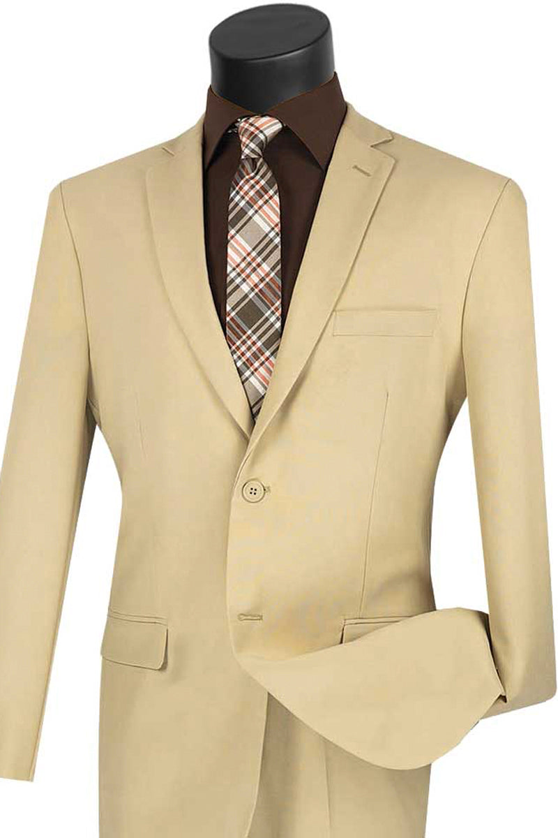 Mens 2 Button Slim Fit Poplin Suit in Beige - 36 Short